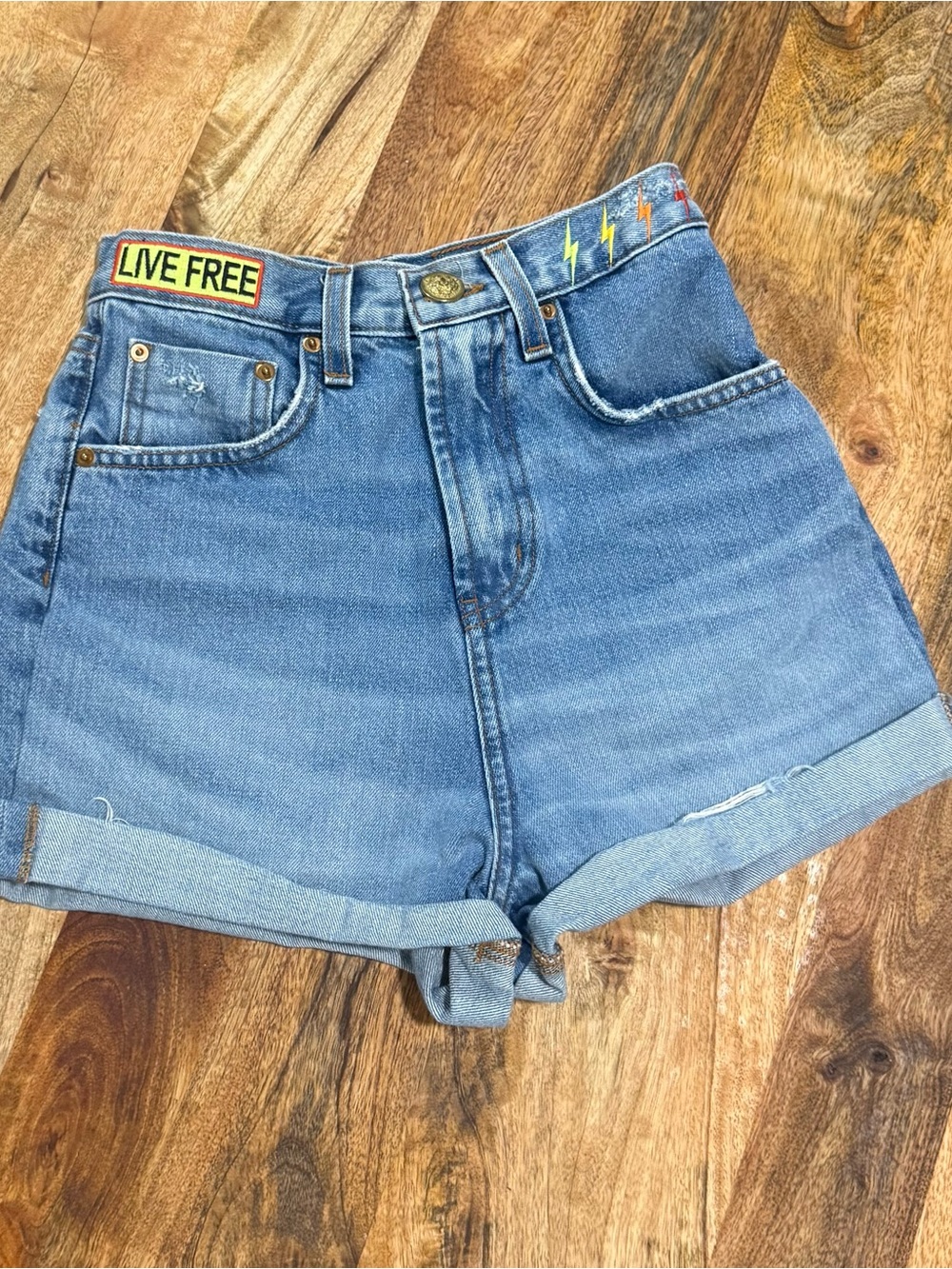 Aviator Nation Light Blue 'Live Free' High-Rise Denim Shorts